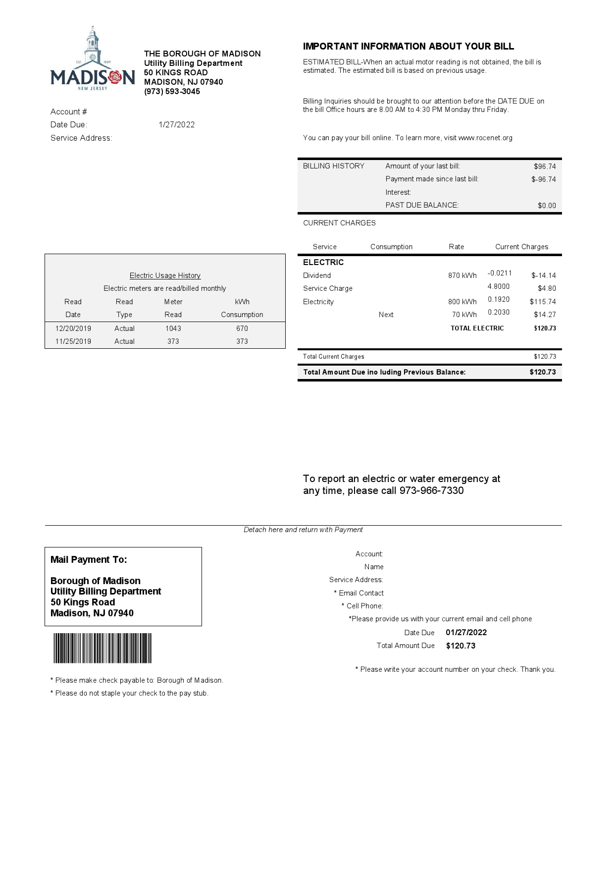 USA New Jersey The Borough of Madison utility bill template in Word and PDF format