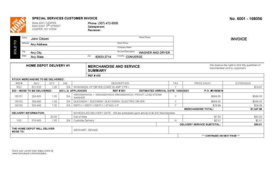 USA The Home Depot invoice template in Word and PDF format