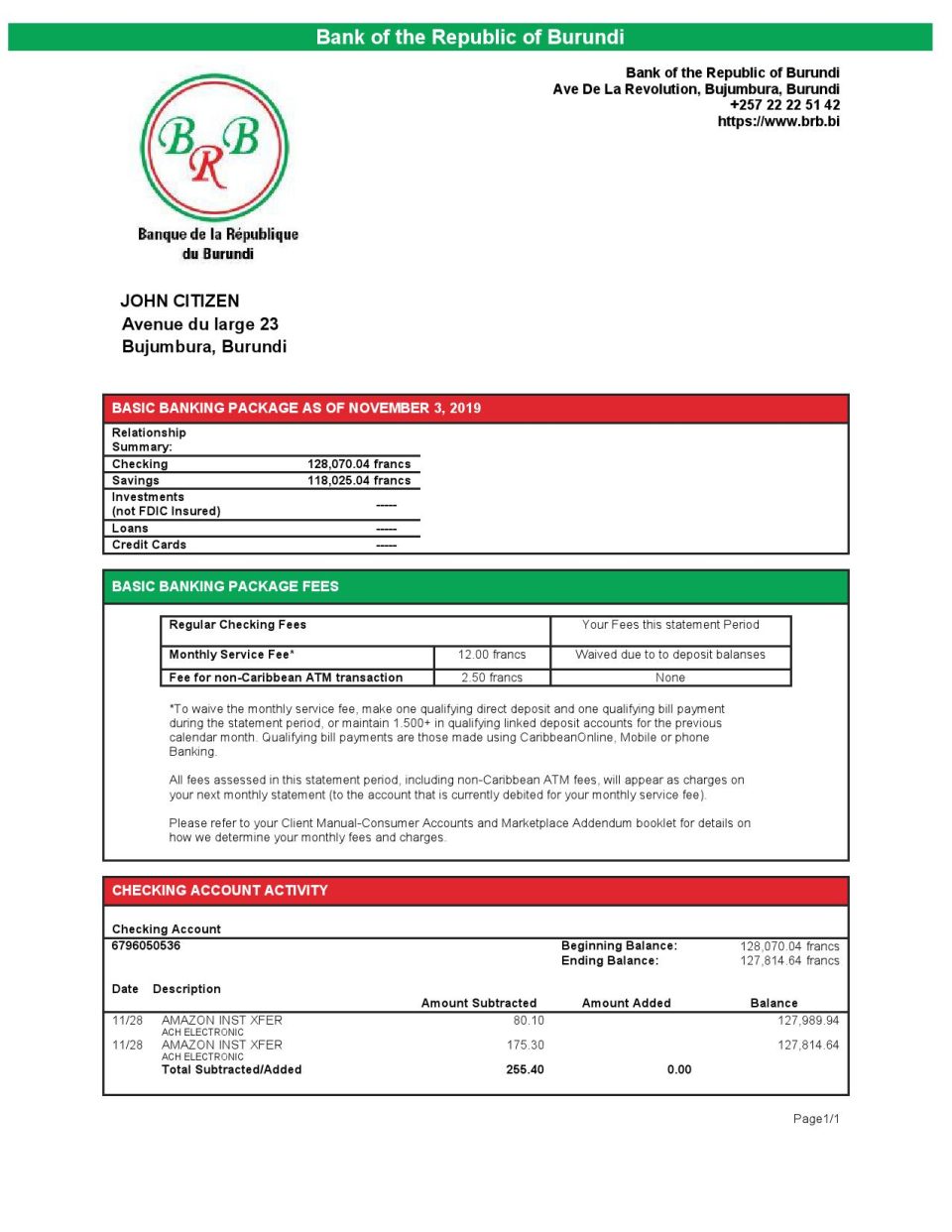 Burundi Bank of the Republic of Burundi proof of address bank statement template in Word and PDF format