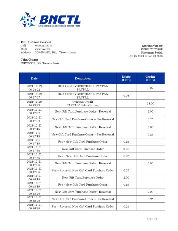 Timor-Leste BNCTL bank statement template in Word and PDF format