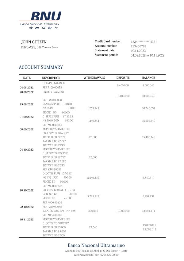 Timor-Leste BNU bank statement template in Word and PDF format