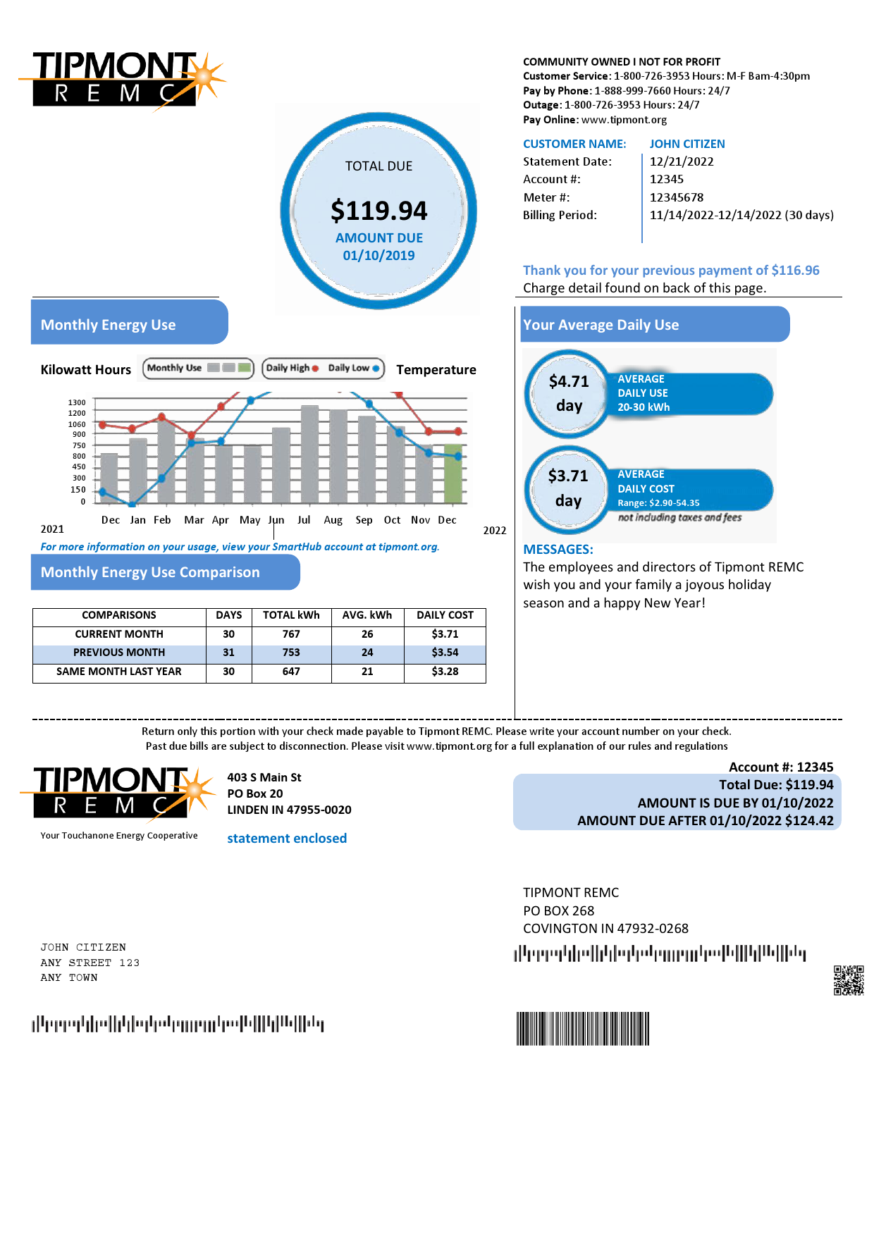 USA Indiana Tipmont utility bill template in Word and PDF format