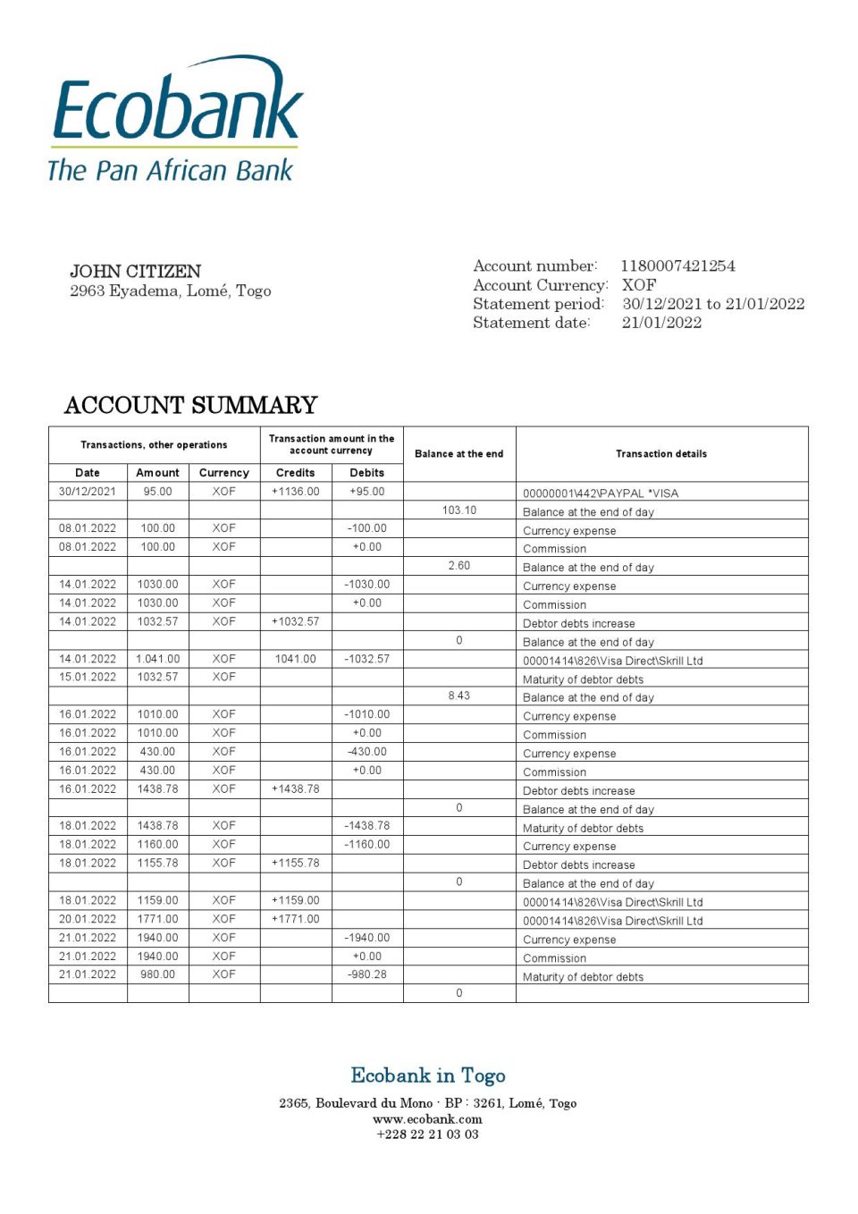 Togo Ecobank Bank statement template in Word and PDF format