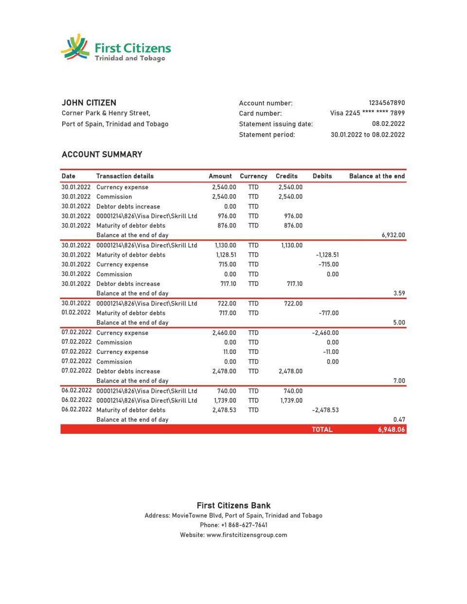 Trinidad and Tobago First Citizens bank statement, Excel and PDF template