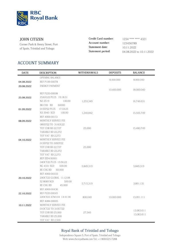 Trinidad and Tobago Royal Citizens Bank statement template in Word and PDF format
