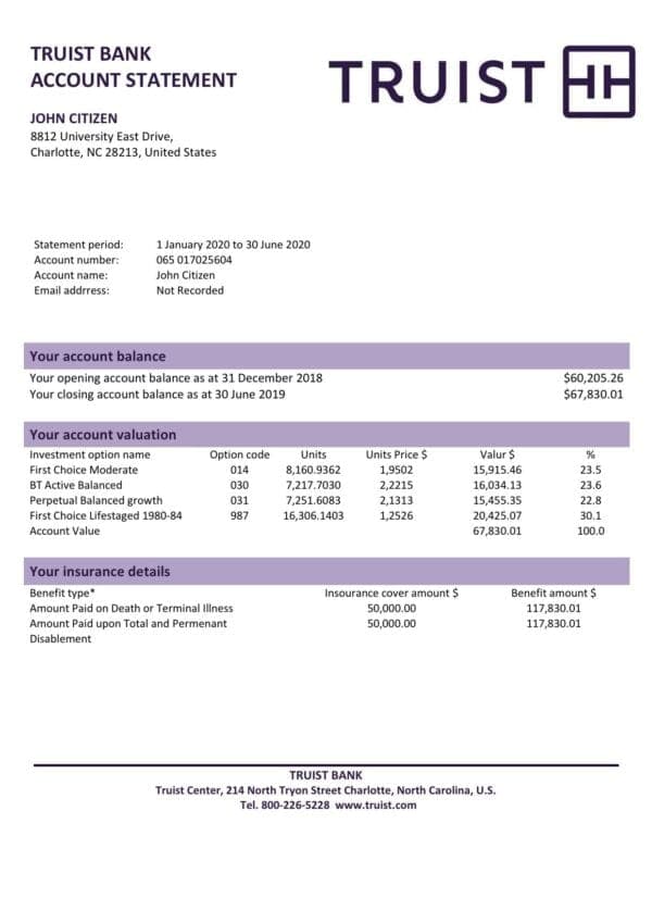 USA Truist bank proof of address statement template in Word and PDF format