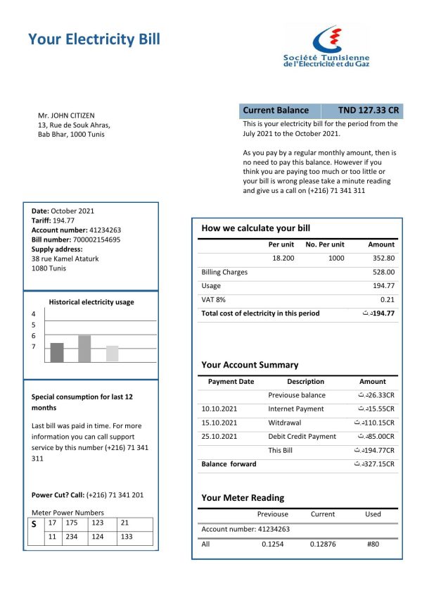 Tunisia electricity proof of address utility bill template in Word and PDF format