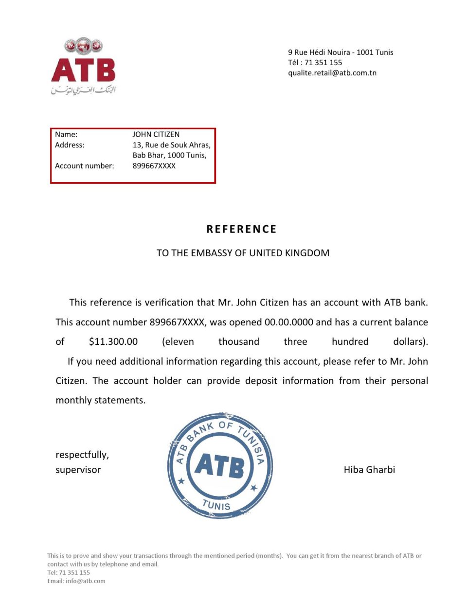 Download Tunisia ATB Bank Reference Letter Templates | Editable Word