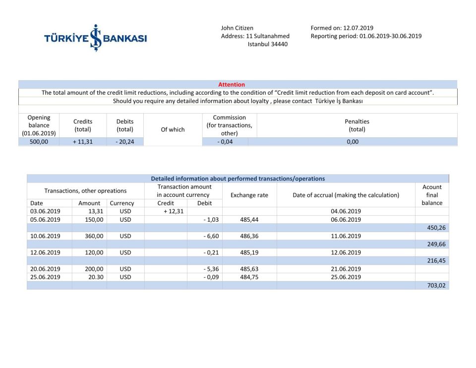 Turkey Bankasi bank proof of address statement template in Word and PDF format, fully editable