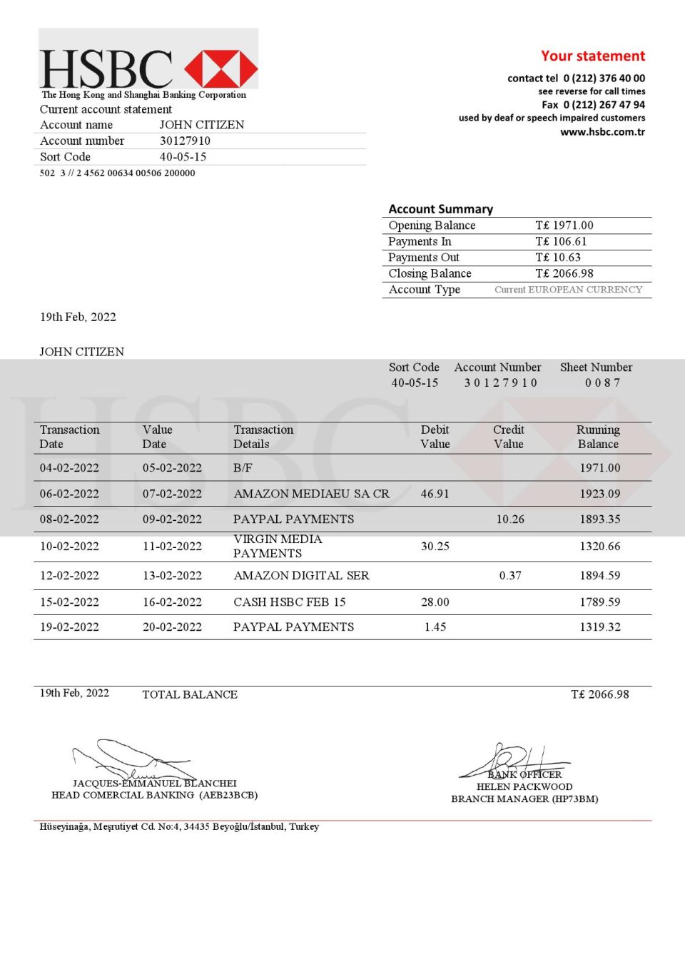Turkey HSBC bank statement template in .doc and .pdf format