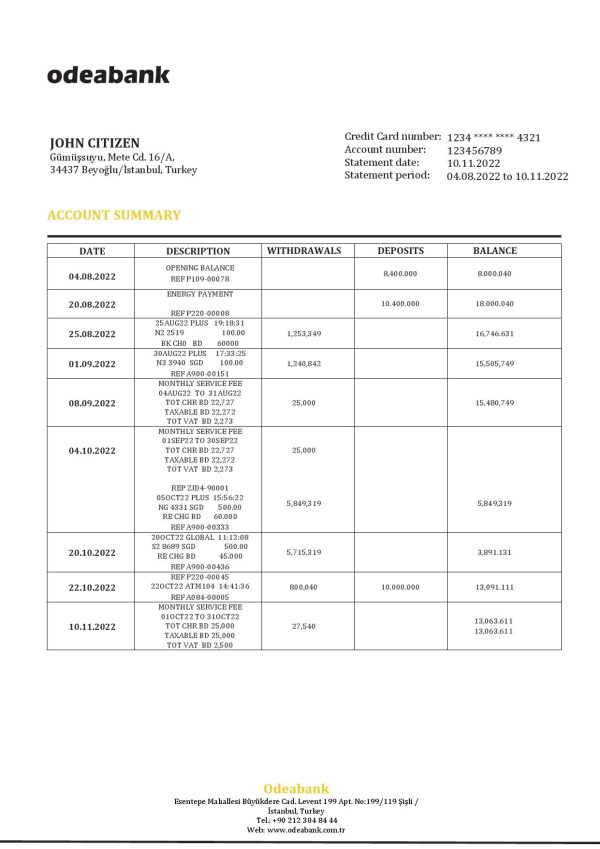 Turkey Odeabank bank statement template in .doc and .pdf format