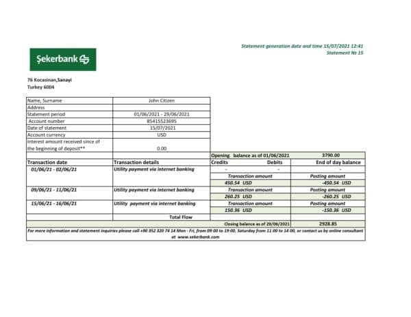 Turkey Sekerbank Bank statement easy to fill template in Excel and PDF format