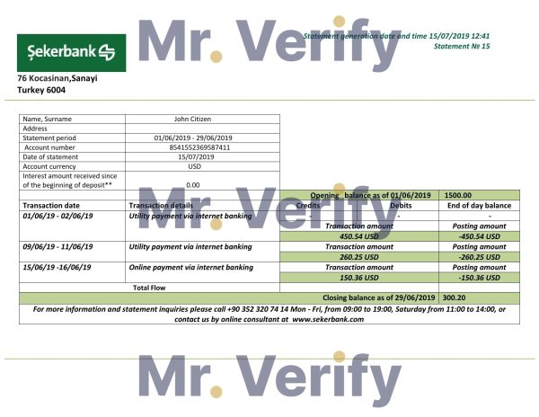 Turkey Sekerbank bank statement template in .doc and .pdf format, fully editable