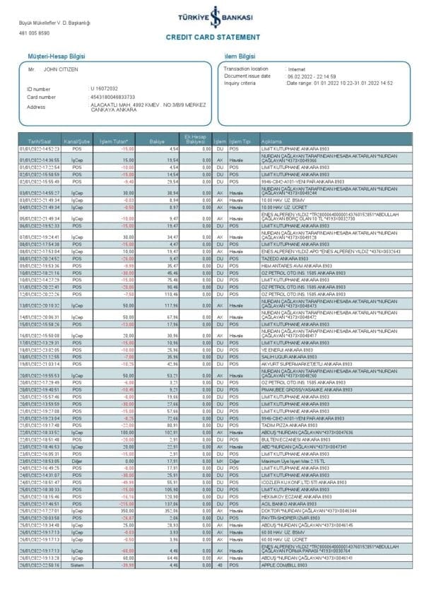 Turkey Bankasi bank statement, Word and PDF template, 2 pages