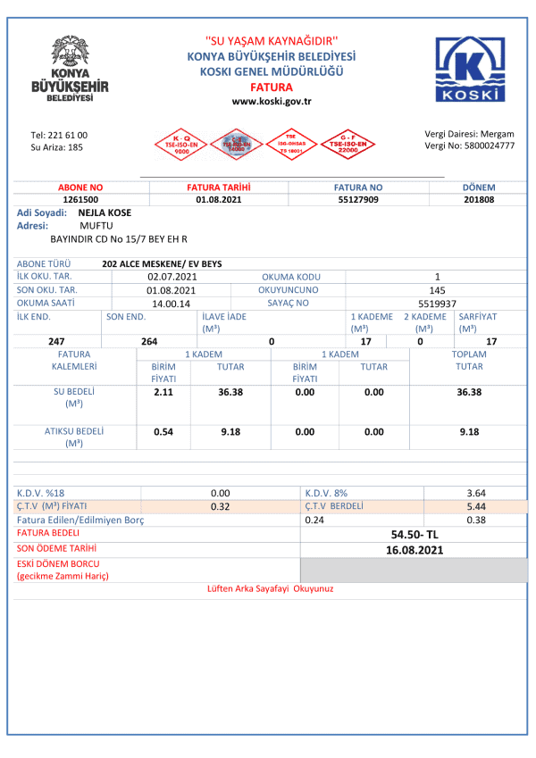 Turkey water utility bill template in Word and PDF format