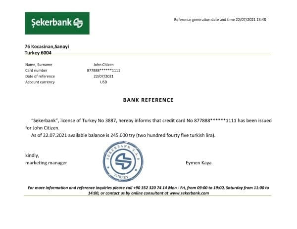 Download Turkey Sekerbank Bank Reference Letter Templates | Editable Word