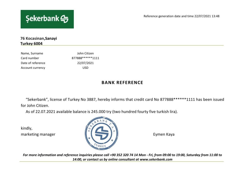 Download Turkey Sekerbank Bank Reference Letter Templates | Editable Word