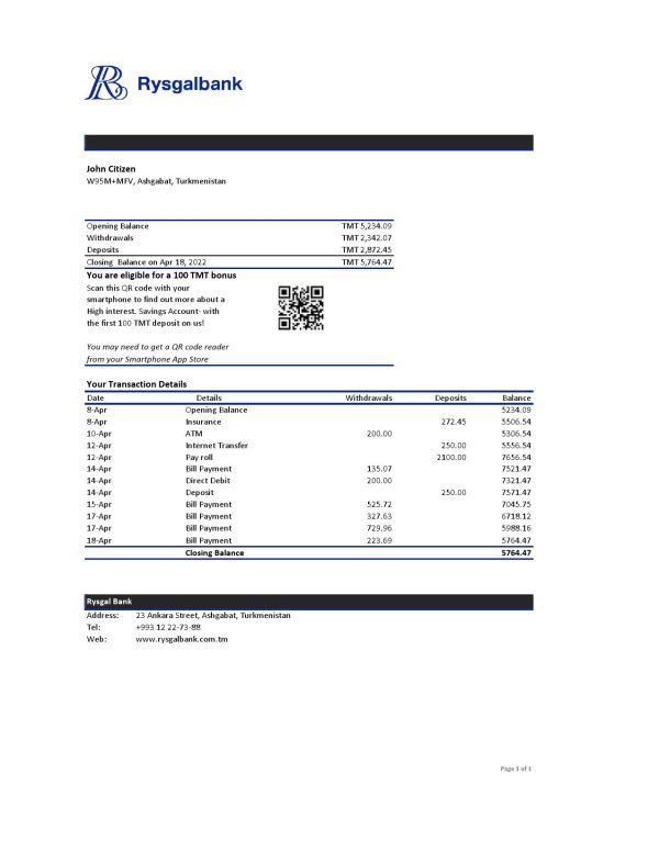 Turkmenistan Rysgal bank statement, Excel and PDF template