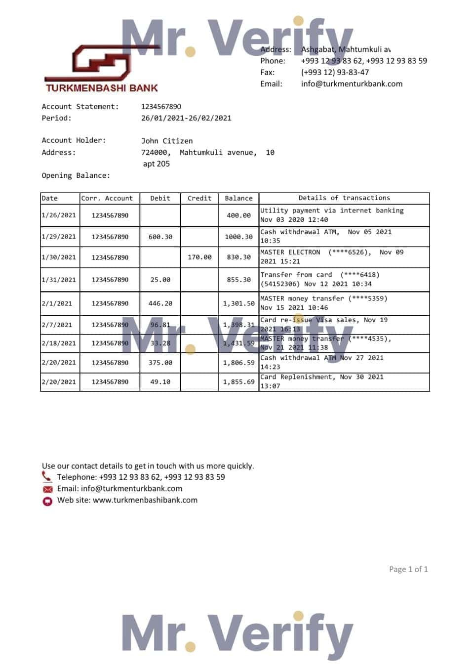 Turkmenistan Turkmenbashi Bank statement template, Excel and PDF format