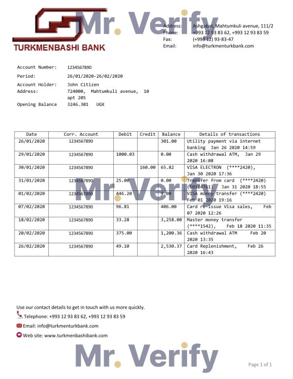 Turkmenistan Turkmenbashi Bank statement template, Word and PDF format (.doc and .pdf)