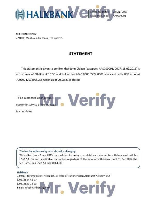Download Turkmenistan Halkbank Bank Reference Letter Templates | Editable Word