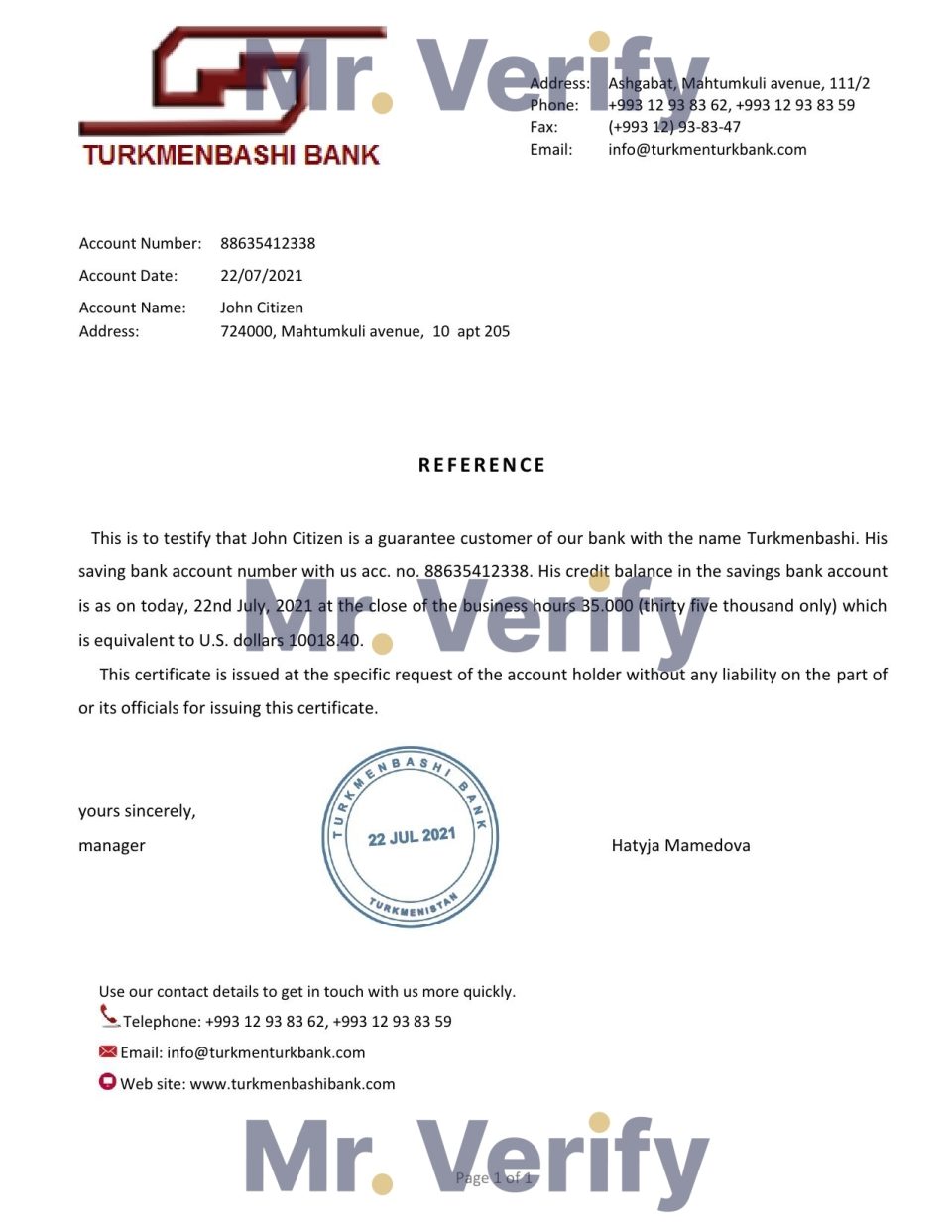 Download Turkmenistan Turkmenbashi Bank Reference Letter Templates | Editable Word