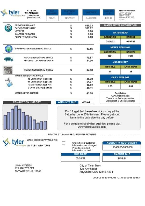 USA Tyler Technologies utility bill template in Word and PDF format