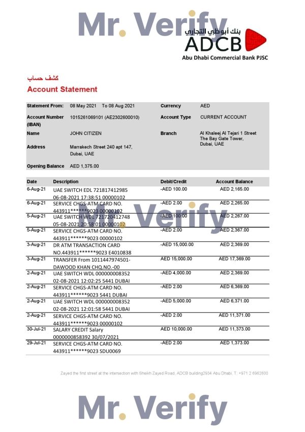 UAE Abu Dhabi ADCB bank statement easy to fill template in Excel and PDF format