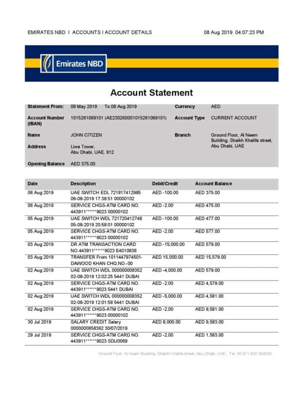 UAE Dubai Emirates NBD bank proof of address statement template in Word and PDF format