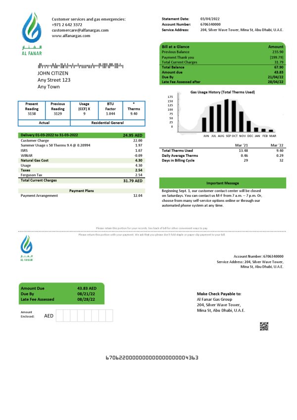 UAE Al Fanar Gas Group utility bill template in Word and PDF format