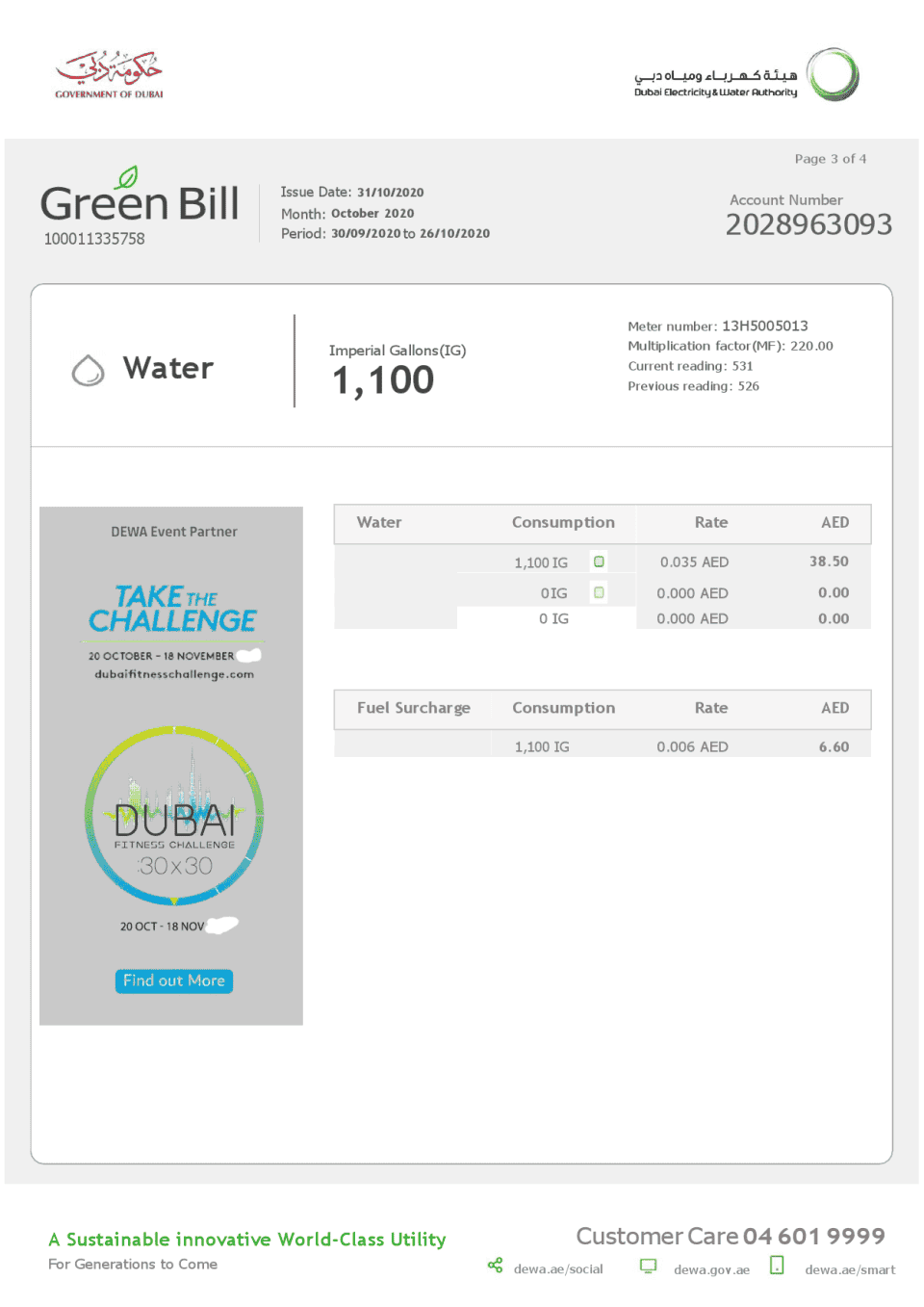 United Arab Emirates Dubai Electricity & Water Authority utility bill template in Word and PDF format (4 pages)