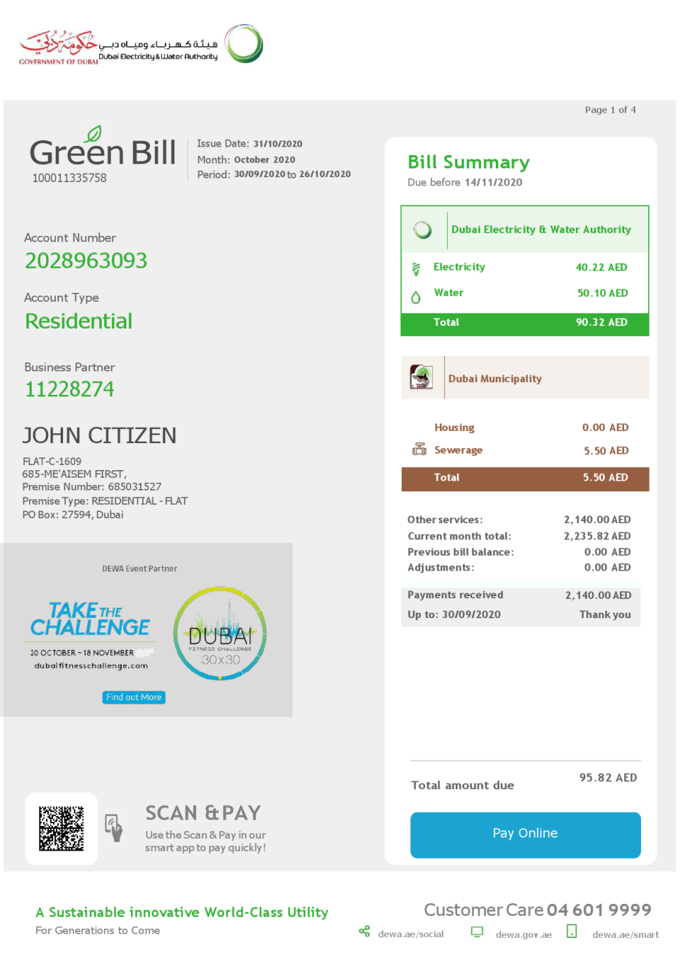 United Arab Emirates Dubai Electricity & Water Authority utility bill template in Word and PDF format (4 pages)
