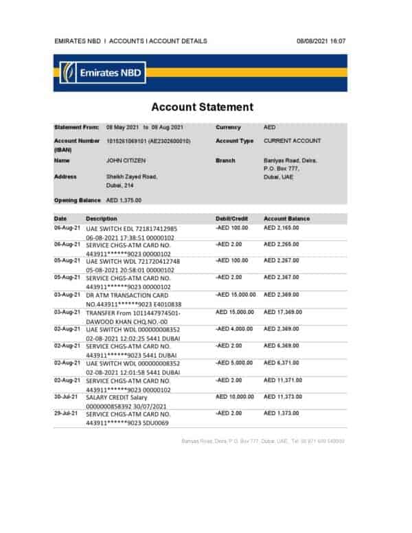 UAE Dubai Emirates NBD bank statement easy to fill template in Excel and PDF format