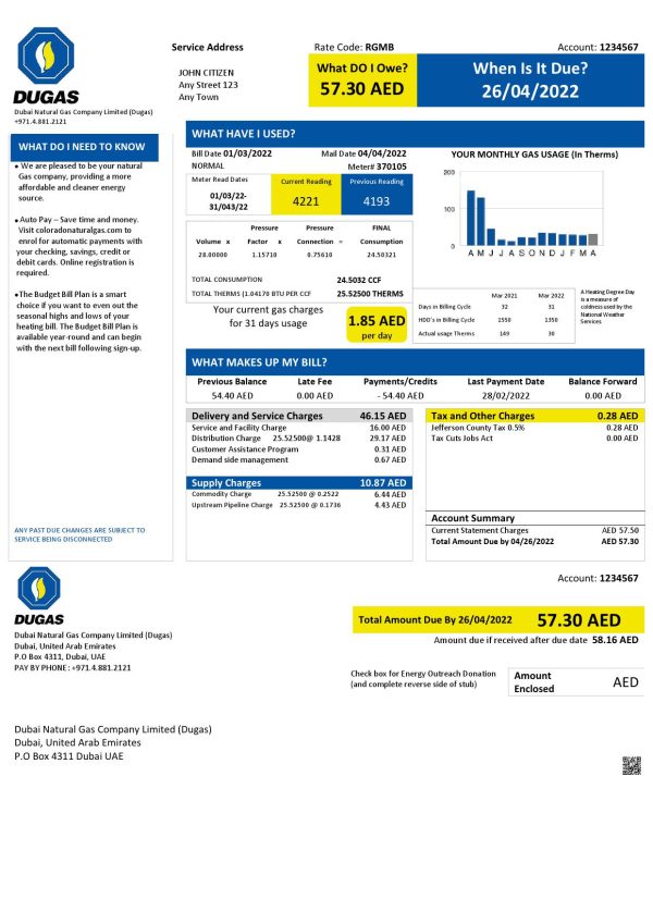 UAE Dubai Natural Gas Company Limited (Dugas) utility bill template in Word and PDF format