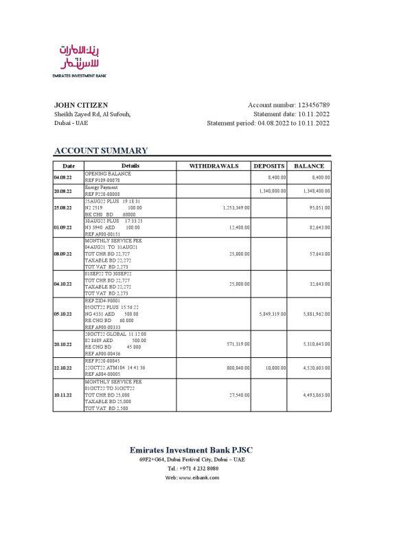 UAE Emirates Investment Bank statement, Excel and PDF template