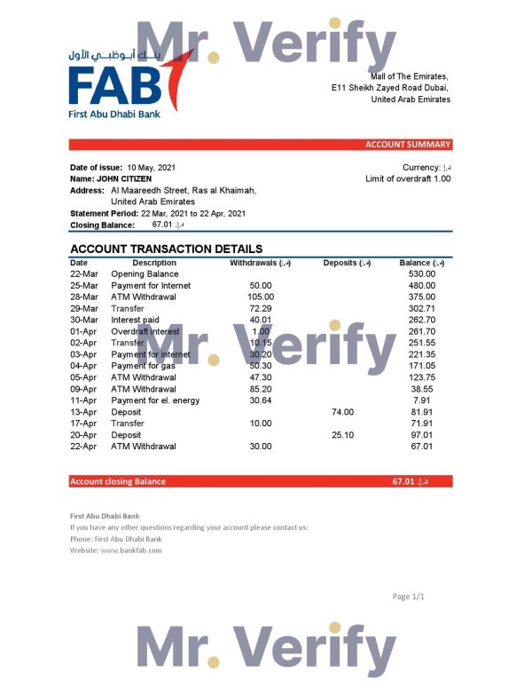UAE First Abu Dhabi Bank statement easy to fill template in .xls and .pdf file format