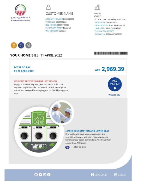 UAE Fujairah Al Ain Distribution Co. Word and PDF utility bill template (5 pages)