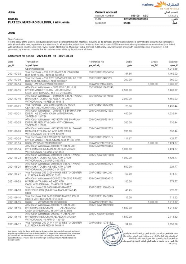 UAE Mashreq bank statement template in Word and PDF format, 3 pages