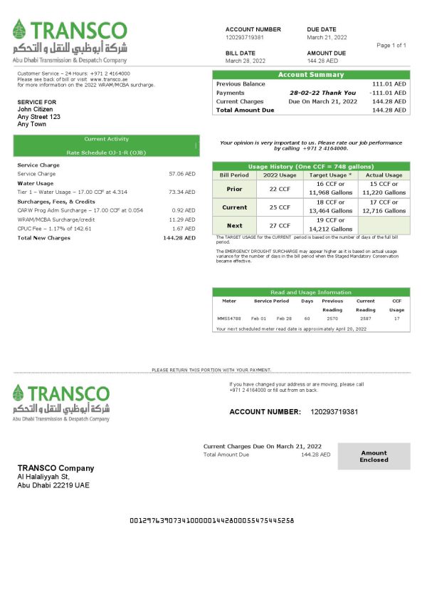 UAE Abu Dhabi Transmission & Despatch Company (TRANSCO) utility bill template in Word and PDF format
