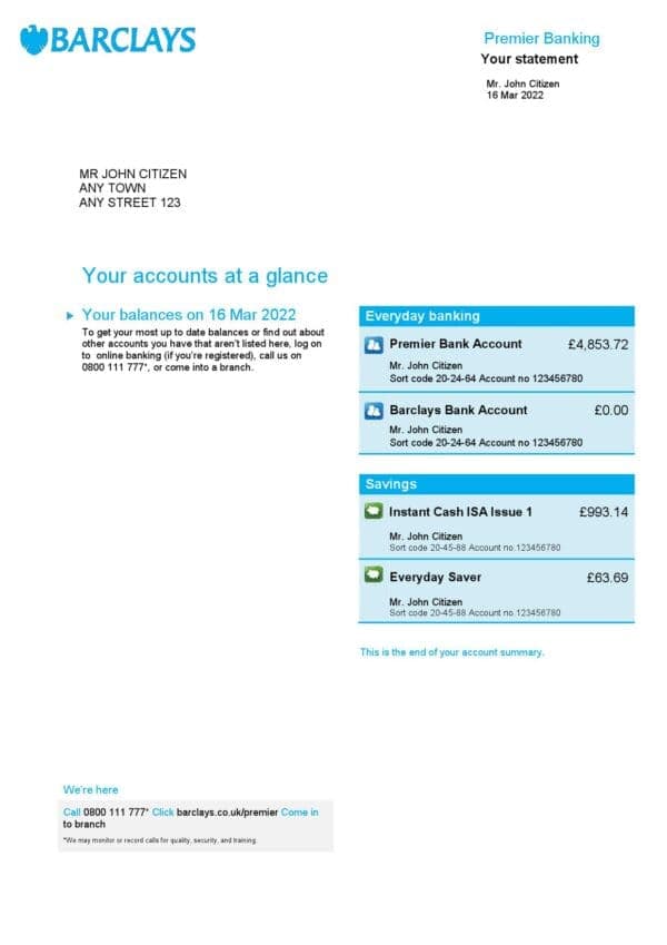 United Kingdom Barclays bank statement, Word and PDF template, 4 pages, version 2