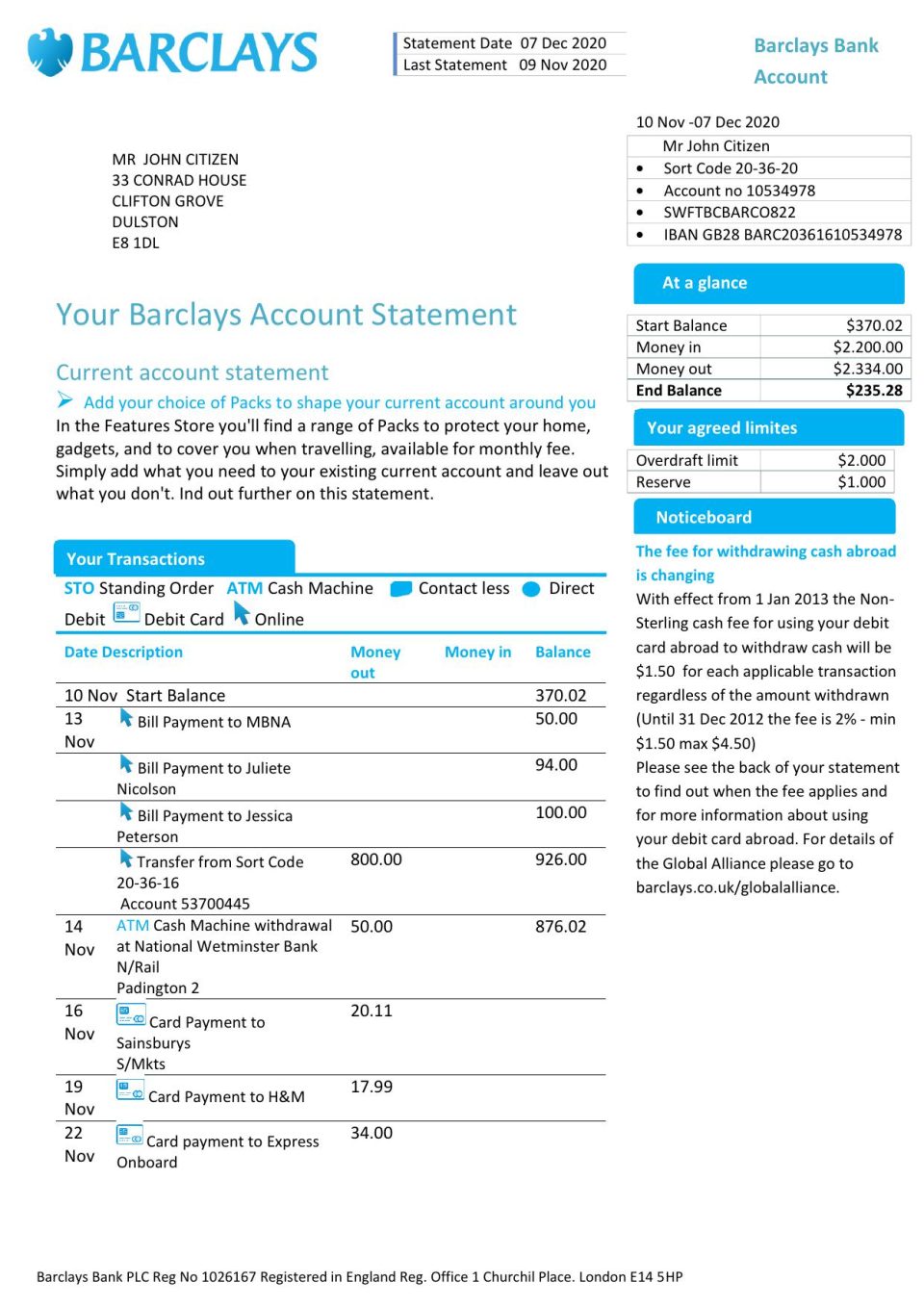 United Kingdom Barclays bank account statement template in Word and PDF format, version 1