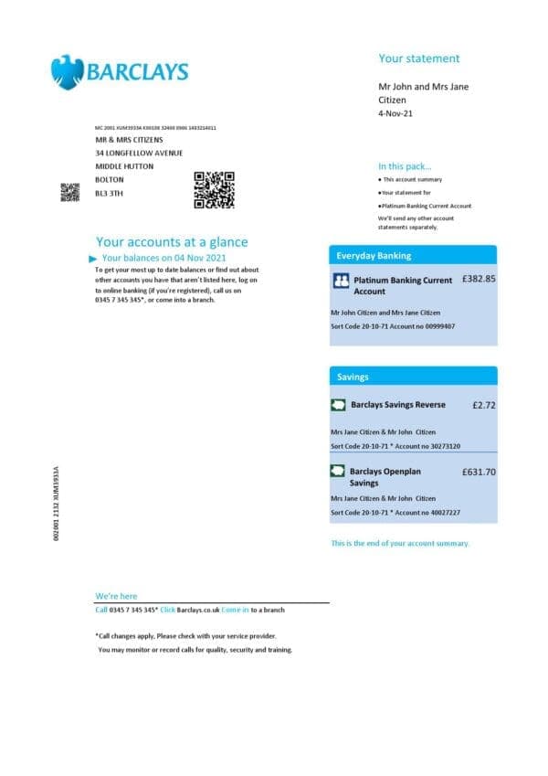United Kingdom Barclays bank statement template in .xls and .pdf format, version 2
