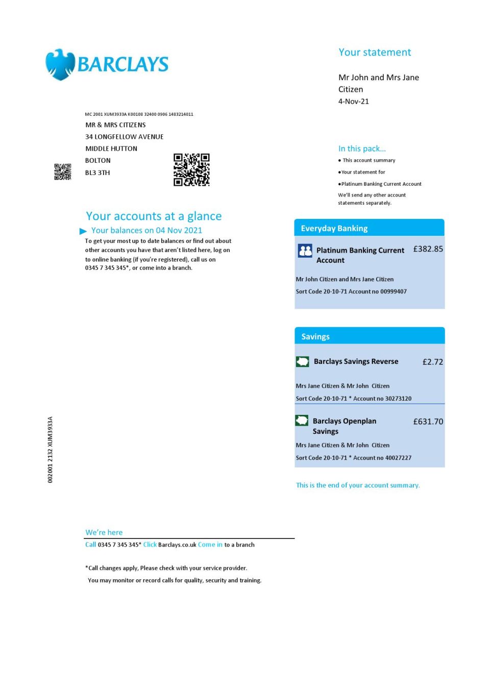 United Kingdom Barclays bank statement template in .xls and .pdf format, version 2