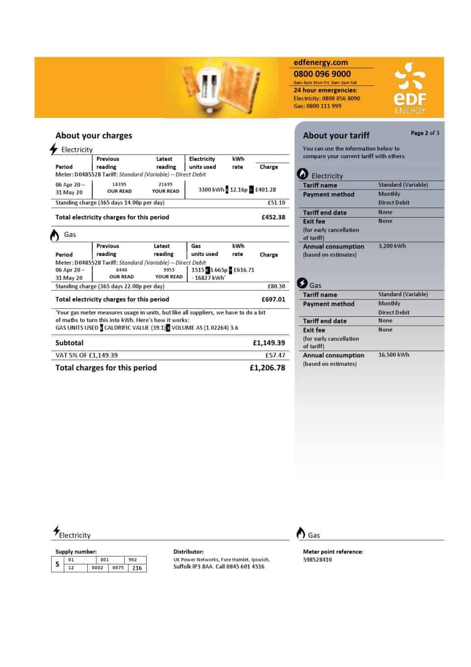 United Kingdom EDF utility bill template in Word and PDF format (3 pages)