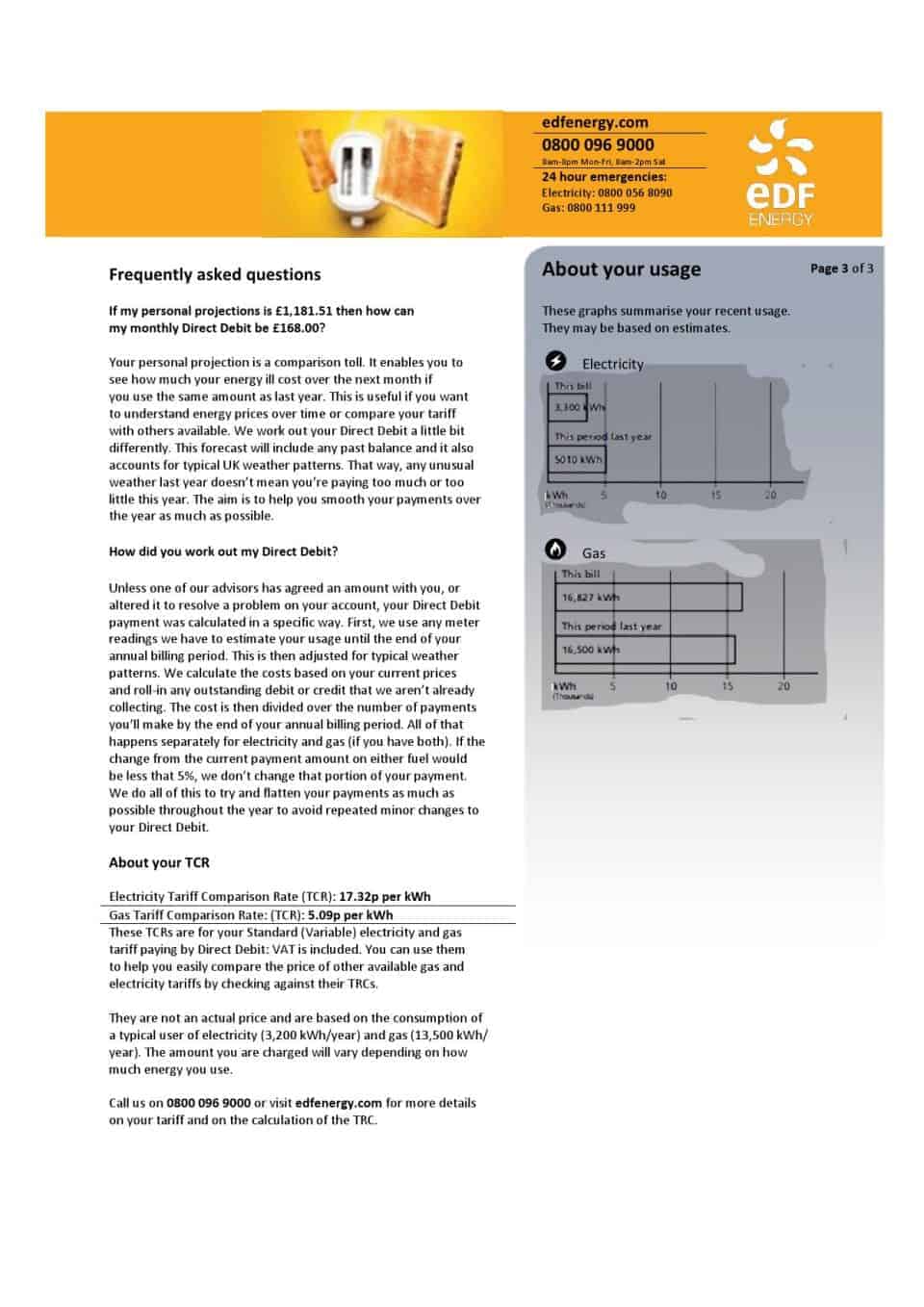 United Kingdom EDF utility bill template in Word and PDF format (3 pages)