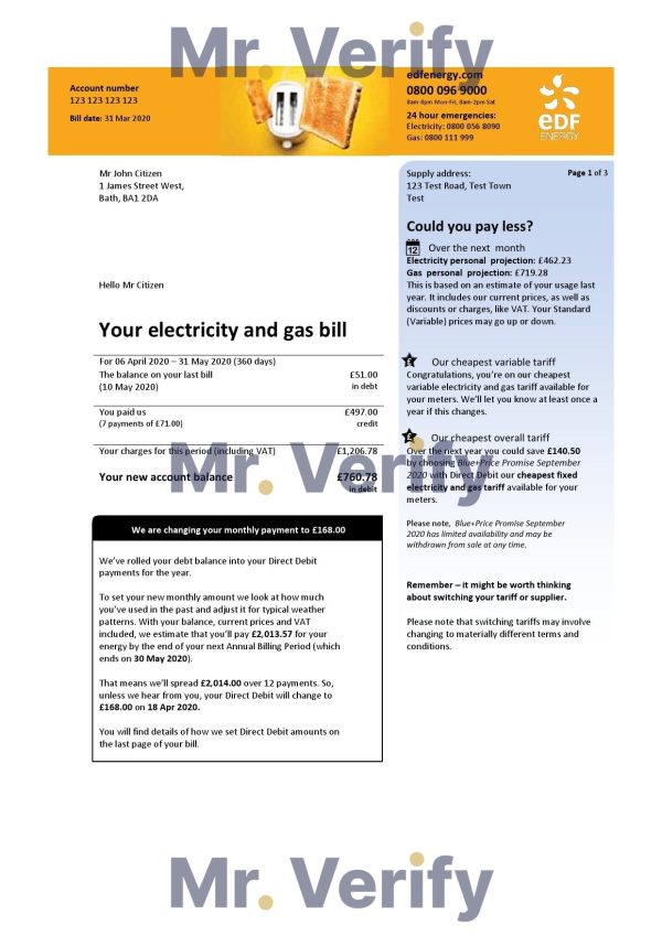 United Kingdom EDF utility bill template in Word and PDF format (3 pages)