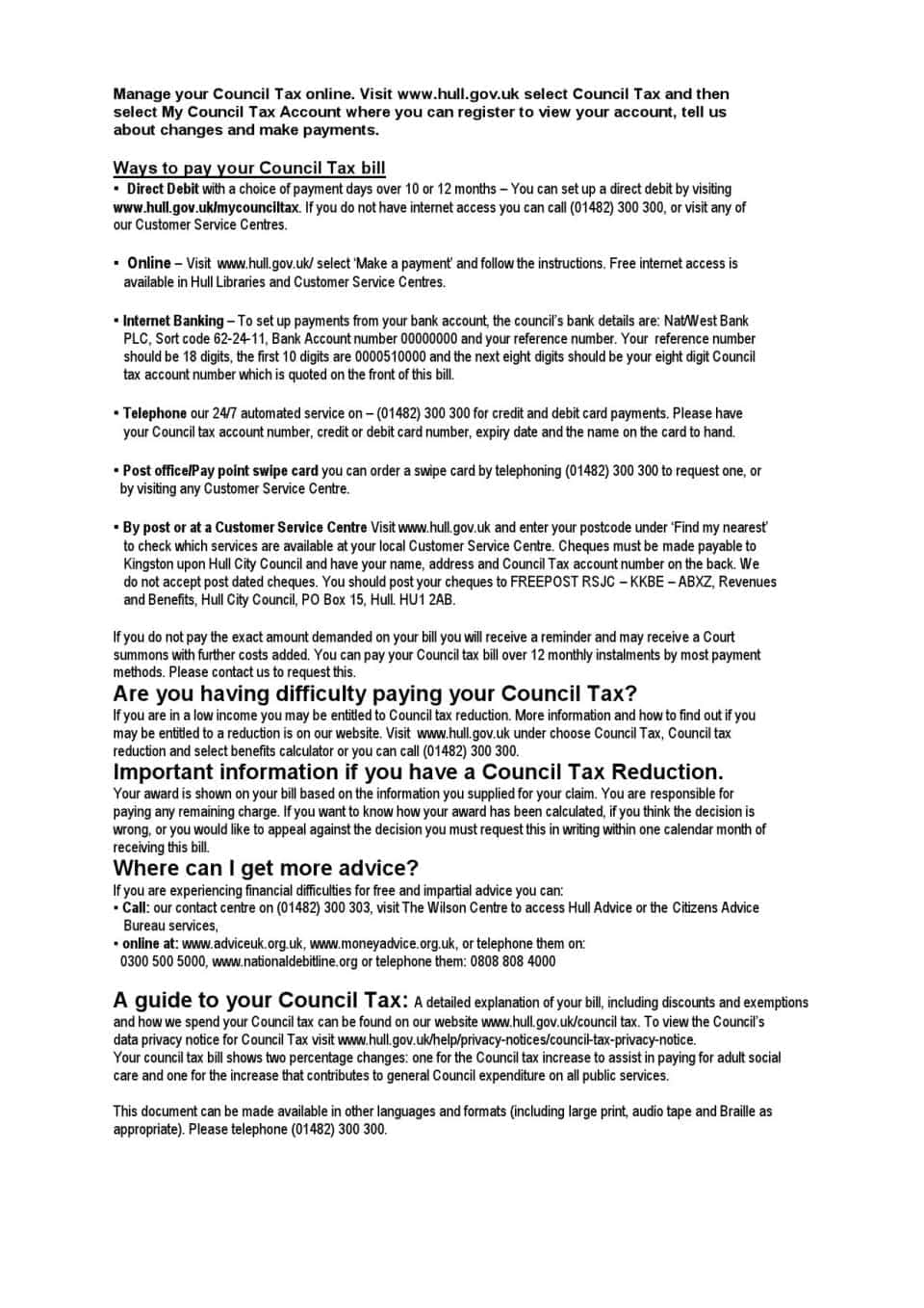 United Kingdom Hull City Council utility bill template in Word and PDF format, 2 pages