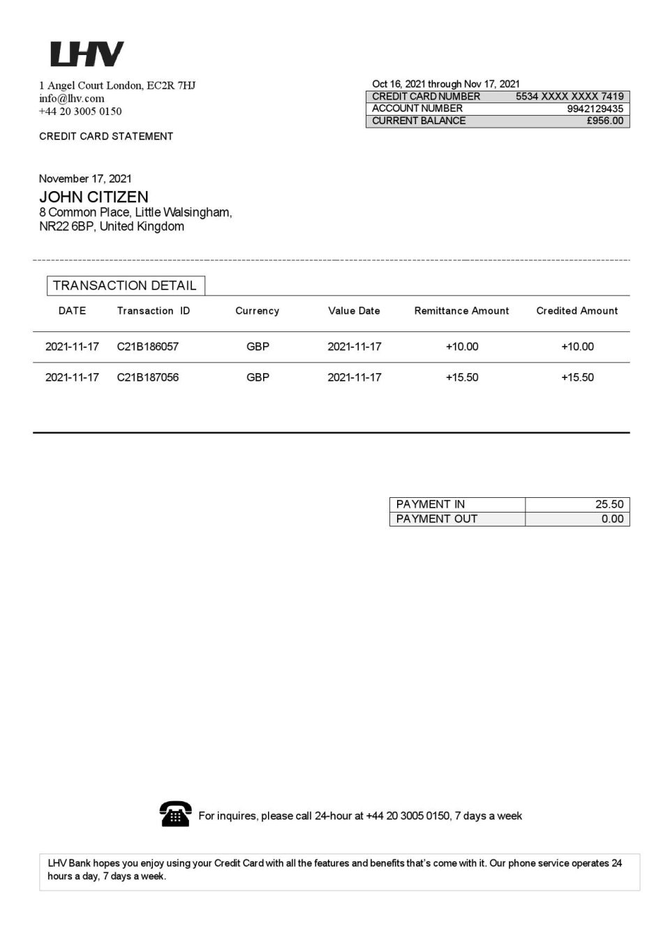 United Kingdom LHV Group bank statement in Word and PDF format