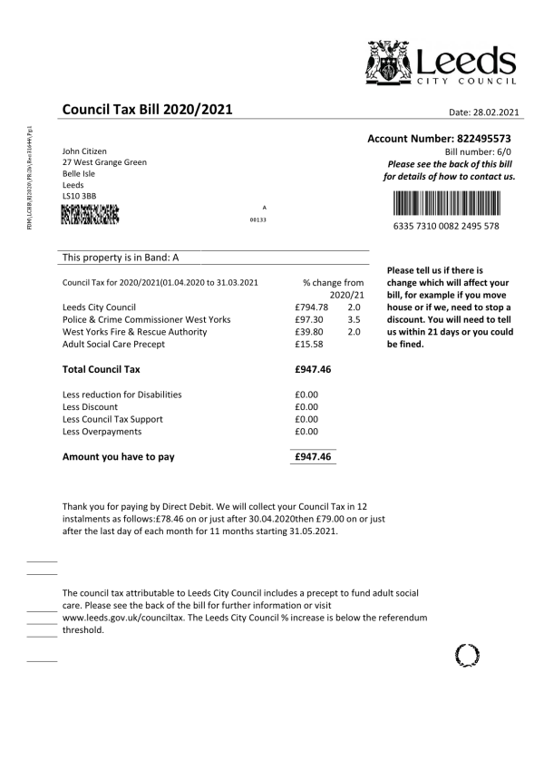 United Kingdom Leeds City Council tax bill template in Word and PDF format