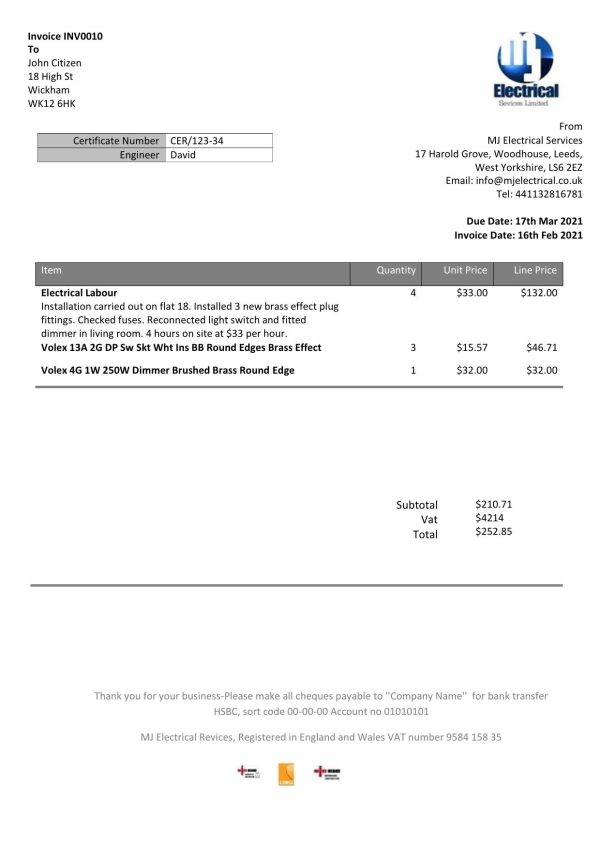 United Kingdom MJ Electrical proof of address utility bill template in Word and PDF format